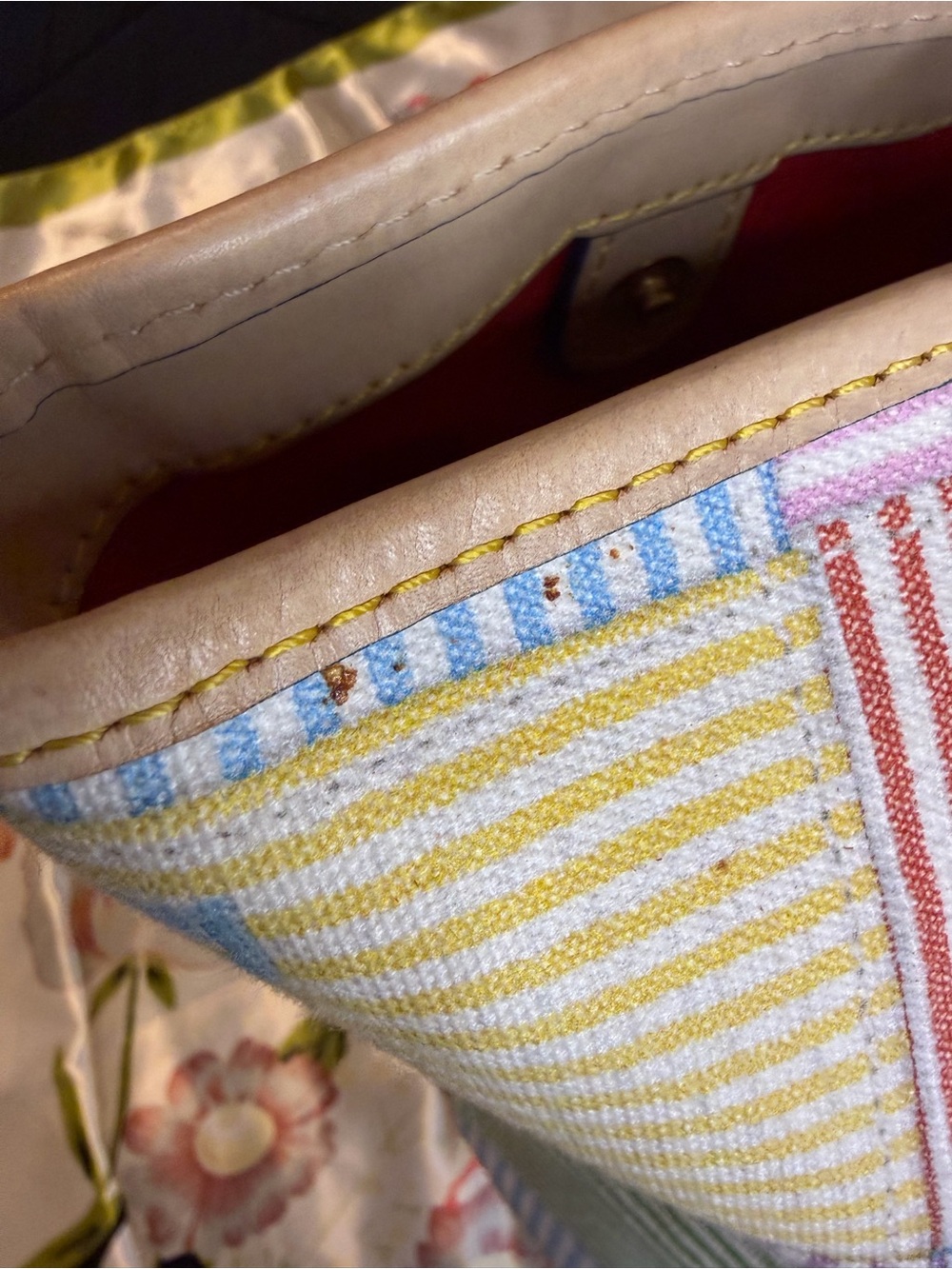 Dooney & Bourke Patchwork Seersucker Tote Bag Multicolor Striped | Leather Trim - Picture 5 of 16